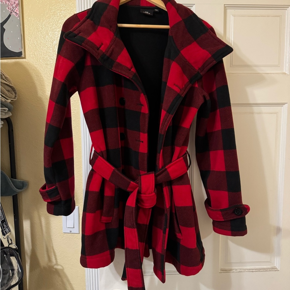 Ike Behar Red and Black Plaid Trench Coat Size Large
